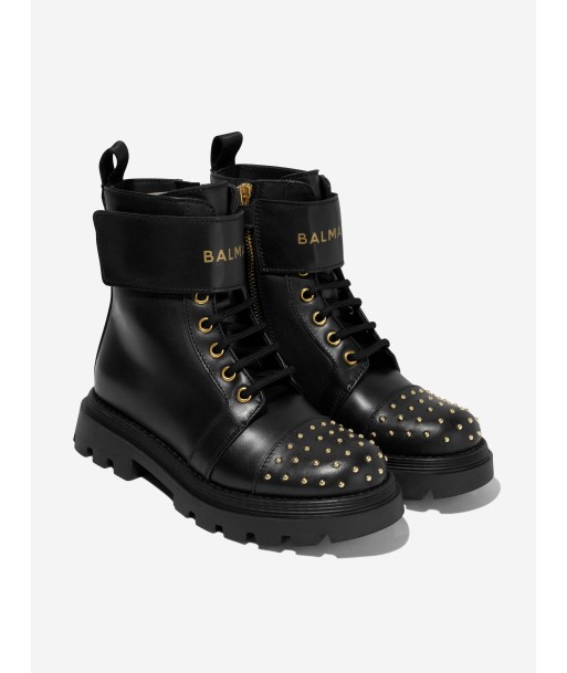 Balmain Girls Leather Lace Up Boots in Black Dans la société mordern