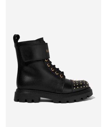 Balmain Girls Leather Lace Up Boots in Black Dans la société mordern