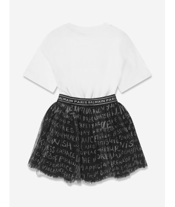 Balmain Girls Jersey And Tulle Logo Dress in White Par le système avancé 