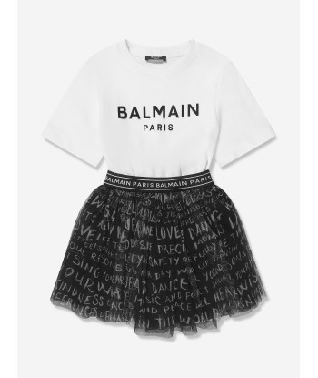 Balmain Girls Jersey And Tulle Logo Dress in White Par le système avancé 