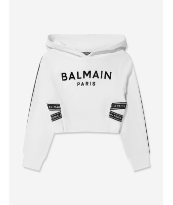 Balmain Girls Cropped Logo Hoodie in White l'évolution des habitudes 