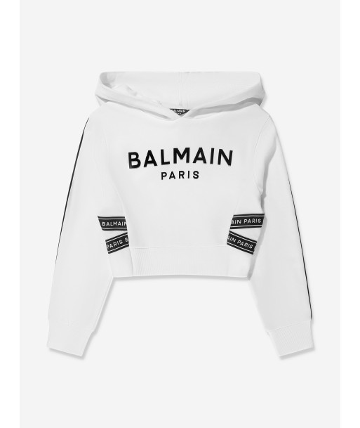 Balmain Girls Cropped Logo Hoodie in White l'évolution des habitudes 