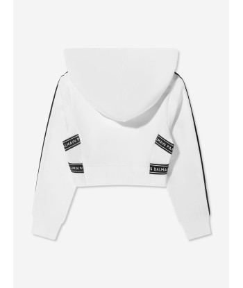 Balmain Girls Cropped Logo Hoodie in White l'évolution des habitudes 