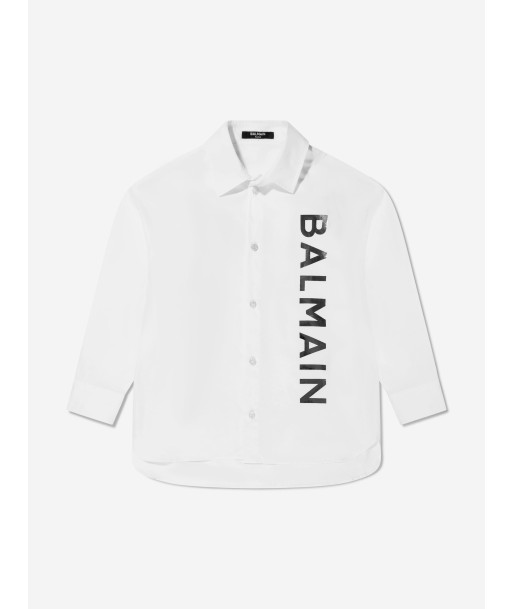 Balmain Boys Long Sleeve Logo Shirt in White en linge