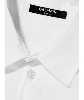 Balmain Boys Long Sleeve Logo Shirt in White en linge