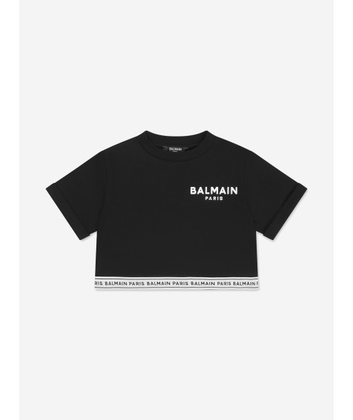 Balmain Girls Cropped Logo T-Shirt in Black À commander