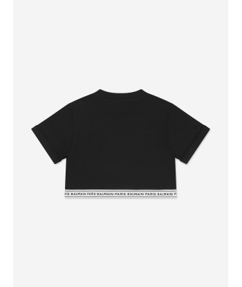 Balmain Girls Cropped Logo T-Shirt in Black À commander