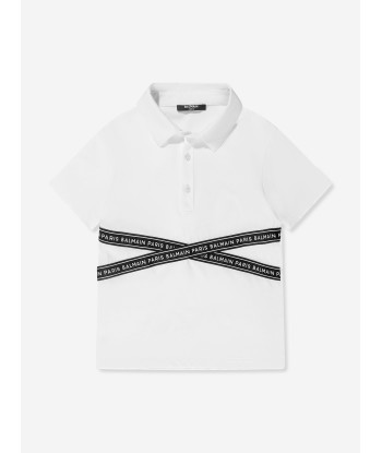 Balmain Boys Logo Tape Polo Shirt in White en ligne