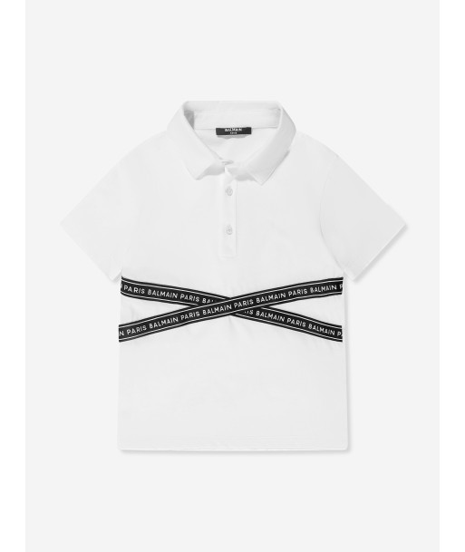 Balmain Boys Logo Tape Polo Shirt in White en ligne