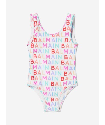 Balmain Girls Logo Print Swimsuit in White ouvre sa boutique