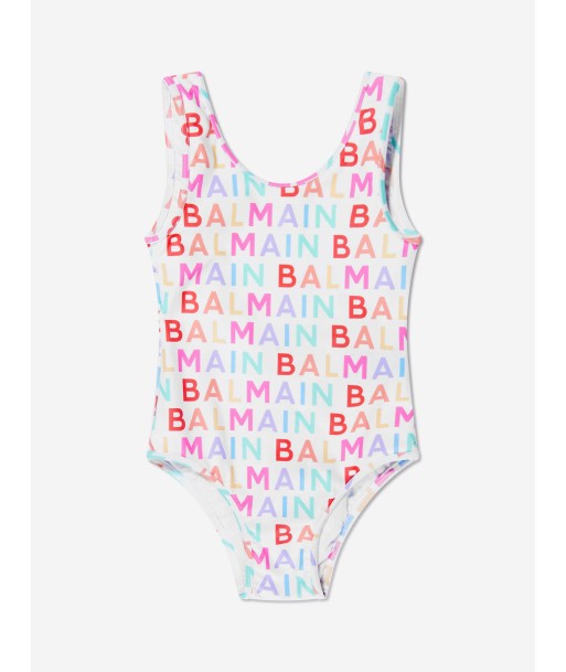 Balmain Girls Logo Print Swimsuit in White ouvre sa boutique