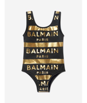 Balmain Girls Striped Logo Swimsuit in Black vente chaude votre 