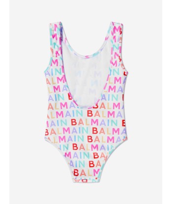 Balmain Girls Logo Print Swimsuit in White ouvre sa boutique