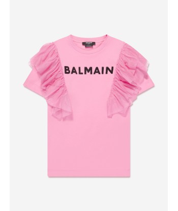 Balmain Girls Tulle Trim Jersey Dress in Pink pas cher