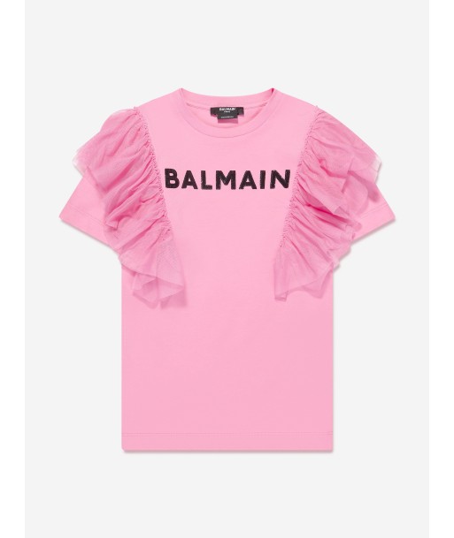 Balmain Girls Tulle Trim Jersey Dress in Pink pas cher