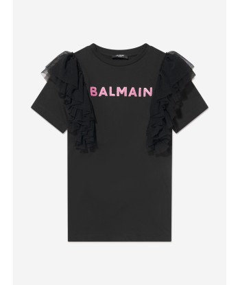 Balmain Girls Tulle Trim Jersey Dress in Black Pour