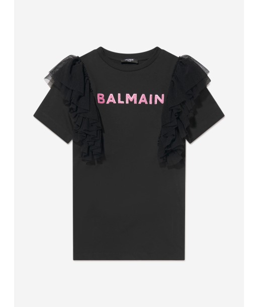 Balmain Girls Tulle Trim Jersey Dress in Black Pour