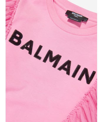 Balmain Girls Tulle Trim Jersey Dress in Pink pas cher