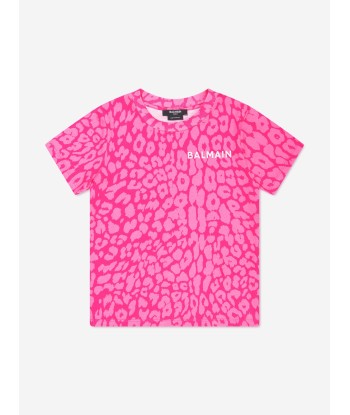 Balmain Girls Leopard Print T-Shirt in Pink en ligne