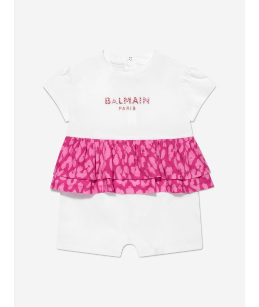 Balmain Baby Girls Leopard Ruffle Romper in White est présent 