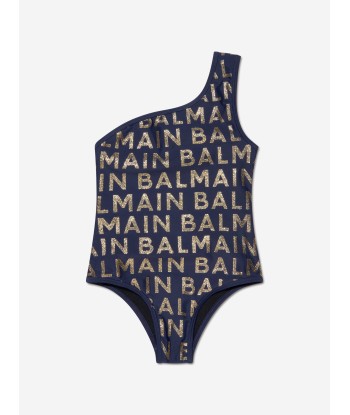 Balmain Girls One Shoulder Logo Swimsuit in Navy suggérées chez