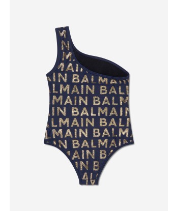 Balmain Girls One Shoulder Logo Swimsuit in Navy suggérées chez