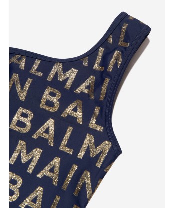 Balmain Girls One Shoulder Logo Swimsuit in Navy suggérées chez