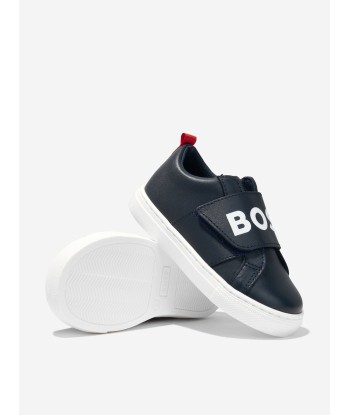 BOSS Boys Leather Logo Trainers In Navy les ligaments