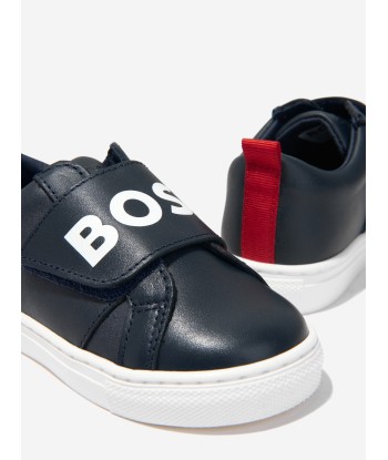 BOSS Boys Leather Logo Trainers In Navy les ligaments