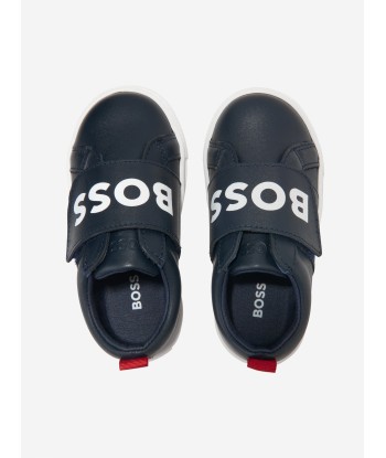 BOSS Boys Leather Logo Trainers In Navy les ligaments