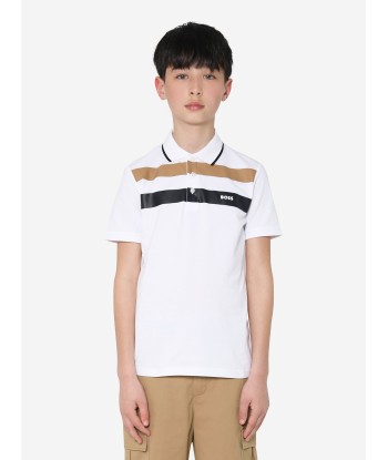 BOSS Boys Striped Polo Shirt In White Dans la société mordern