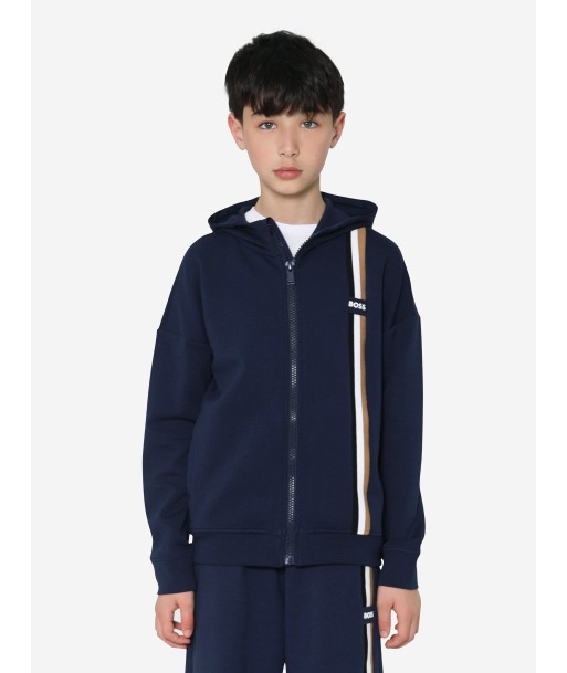 BOSS Boys Logo Stripe Zip Up Hoodie In Navy en ligne