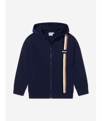 BOSS Boys Logo Stripe Zip Up Hoodie In Navy en ligne