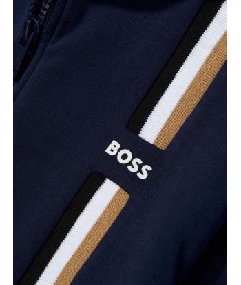 BOSS Boys Logo Stripe Zip Up Hoodie In Navy en ligne