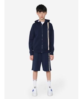 BOSS Boys Logo Stripe Zip Up Hoodie In Navy en ligne