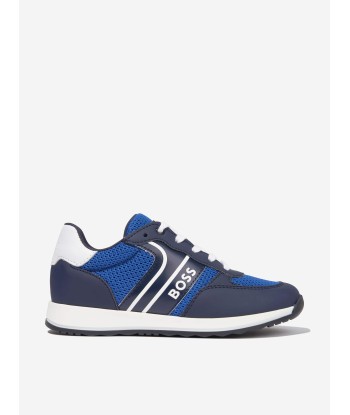 BOSS Boys Lace Up Logo Trainers in Blue offre 