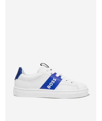 BOSS Boys Leather Logo Trainers in Blue Pour