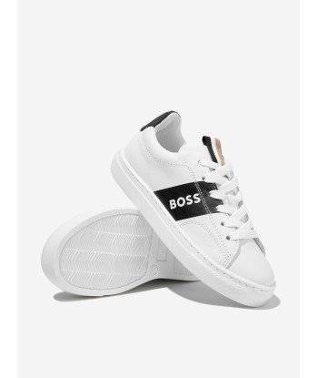 BOSS Boys Leather Logo Trainers in Black Venez acheter