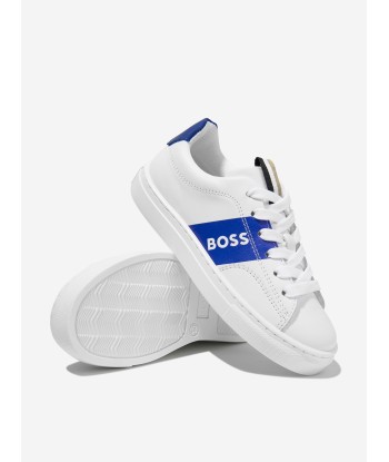 BOSS Boys Leather Logo Trainers in Blue Pour