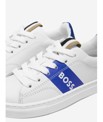 BOSS Boys Leather Logo Trainers in Blue Pour