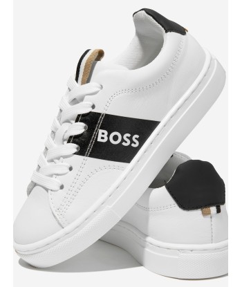 BOSS Boys Leather Logo Trainers in Black Venez acheter