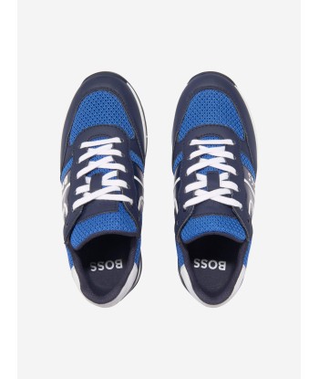 BOSS Boys Lace Up Logo Trainers in Blue offre 