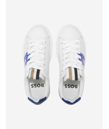 BOSS Boys Leather Logo Trainers in Blue Pour