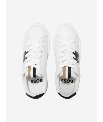 BOSS Boys Leather Logo Trainers in Black Venez acheter