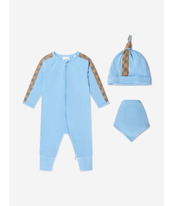 Burberry Baby Boys Claude Mini Check 3 Piece Romper Set in Blue paiement sécurisé