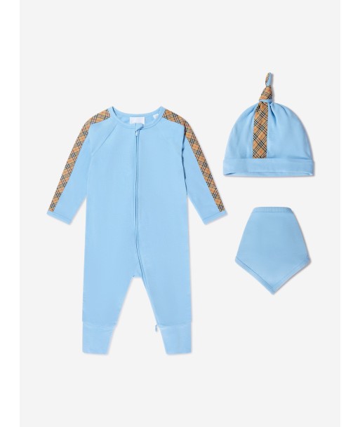 Burberry Baby Boys Claude Mini Check 3 Piece Romper Set in Blue paiement sécurisé