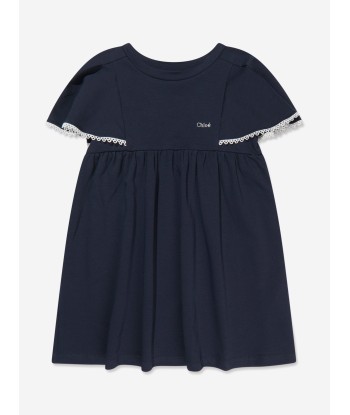 Chloé Girls Organic Cotton Flutter Sleeve Dress in Navy paiement sécurisé