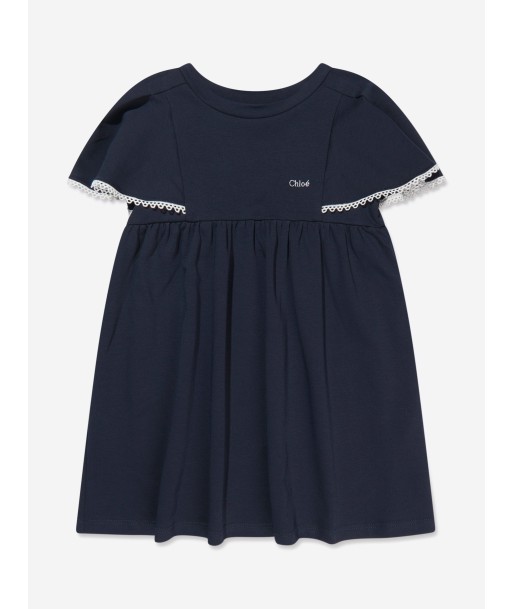 Chloé Girls Organic Cotton Flutter Sleeve Dress in Navy paiement sécurisé