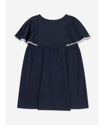 Chloé Girls Organic Cotton Flutter Sleeve Dress in Navy paiement sécurisé