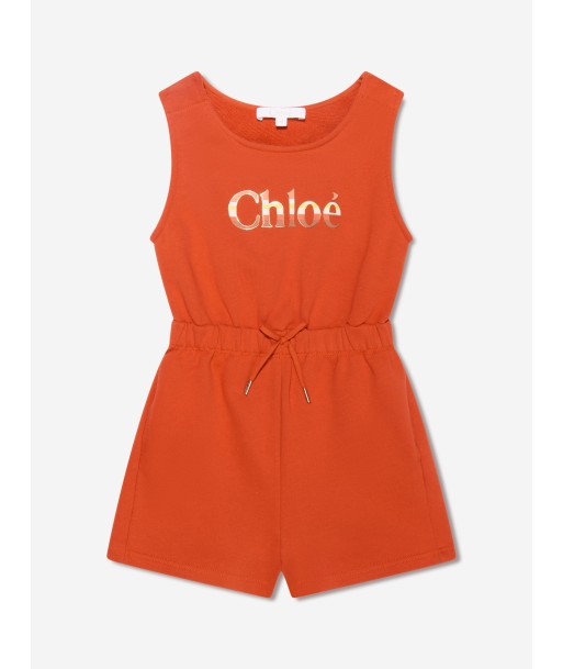 Chloé Girls Organic Cotton Sleeveless Playsuit in Orange en stock